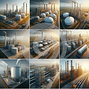 A composite of nine industrial scenes showcasing the grandeur of modern industry