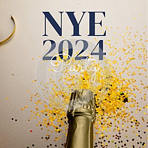 Composite of nye 2024 party text over champagne bottle and confetti on white background