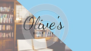 Composite of olive\'s home life text over library and blue background, copy space