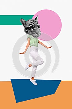 Composite photo artwork absurd head leopard collage woman dancing celebrating new clothes shopping promo isolated on