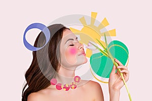 Composite photo collage of adorable dreamy young woman naked shoulders smell flower bloom tulip sun spring isolated on