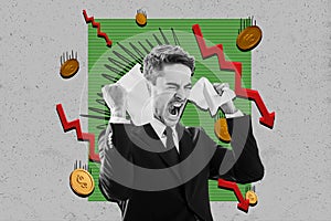 Composite photo collage of angry man shout crumpled paper arrow down crisis chaos money coin defeat graph isolated on