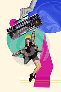 Composite photo collage artwork sketch party concept girl youngster tiptoes dance listen boombox music chill vibe