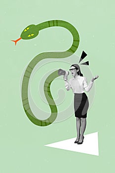 Composite photo collage artwork of young funny aggressive business woman scream megaphone snake character isolated on