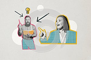 Composite photo collage of astonished bearded guy girl business people find idea solution light bulb notepad isolated on