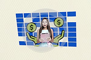 Composite photo collage of astonished girl hold ipad device dollar sign income rich unexpectedness money isolated on photo