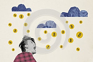 Composite photo collage of astonished guy look clouds rain fall bitcoin coin stock token crypto nft earnings isolated on