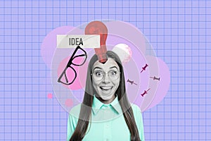 Composite photo collage of astonished wise girl find idea light bulb strategy plan invention glasses pin isolated on photo