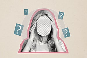 Composite photo collage of blurred anonym blonde girl sit hold head faceless think decision question mark isolated on photo