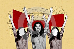 Composite photo collage of brunette girl scream show fist rebellion strike sexism demonstration banner isolated on photo