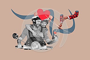 Composite photo collage of cheery couple ride moped enjoy weekend day summer vacation heart cupid bow arrow isolated on