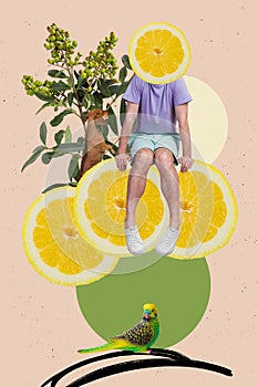 Composite photo collage design details picture of young head orange man nature environment fresh juice promo isolated on