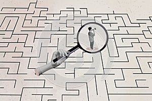 Composite photo collage of difficult maze path riddle alone guy hold megaphone scream lost find exit zoom lens isolated