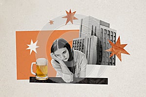 Composite photo collage of drunk sot girl drinker alcohol problem glass beer restaurant building pub isolated on painted