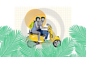 Composite photo collage of excited astonished girl guy wear helmet drive yellow vespa moped tourism palm isolated on