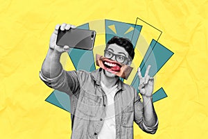 Composite photo collage of funny nerd guy cut mouth teeth tongue make selfie iphone blogg gadget two fingers isolated on