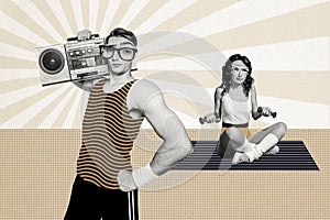 Composite photo collage of funny sportsman sportswoman hold boombox dumbbell exercise pilates marathon isolated on