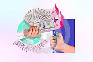 Composite photo collage of hand hold fan money cash dollars lighter bonfire inflation loss problem failure isolated on