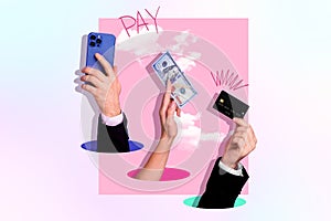 Composite photo collage of hand hold fan money dollars credit card choose pay wealth variety income iphone isolated on