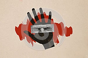 Composite photo collage of hand palm human eyes frown insult offense bullying trauma rehabilitation isolated on painted photo