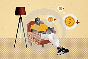 Composite photo collage of happy american guy sit armchair type macbook device transaction coin dollar rich isolated on