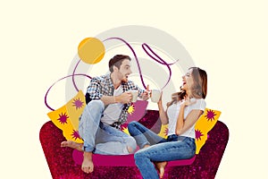 Composite photo collage of happy couple sit sofa pillow drink coffee tea communicate joke laugh family love isolated on