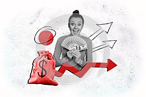 Composite photo collage of happy excited girl hold pile dollar banknotes income arrow up profit money bag isolated on