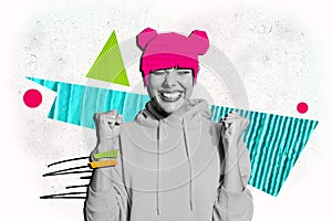 Composite photo collage of happy excited girl show hand fist winner wear funny stylish mouse ears hat fashion isolated