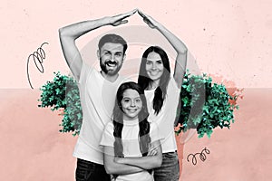 Composite photo collage of happy family dad imitate roof house mother daughter together harmony adoption  on