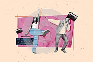 Composite photo collage of happy girl guy dance listen headphones boombox vintage cassette tape party isolated on