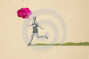 Composite photo collage of happy girl run think international woman day gist peony flowers bloom spring isolated on