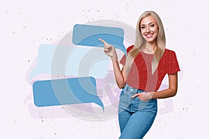 Composite photo collage of happy girl stand point text box communication speak monologue bubble message isolated on photo