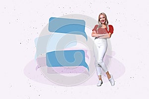 Composite photo collage of happy girl stand text box communication speak monologue bubble message isolated on painted photo