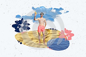 Composite photo collage of happy guy hold cocktail glass beach resort palm leaves ocean vacation journey isolated on