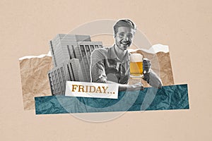 Composite photo collage of happy man hold big glass beer beverage friday relax occasion bar building enjoy isolated on