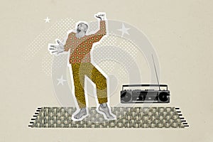 Composite photo collage of happy pensioner dance party retro boombox music recorder event leisure barefoot isolated on