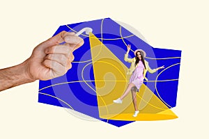 Composite photo collage of happy woman dance party hand hold earphones device music melody discotheque isolated on