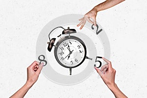 Composite photo collage of human hand hold alarm clock timeline work regime timetable punctuality dial  on photo