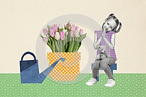 Composite photo collage of little girl sit huge bouquet tulips flowers water pot march holiday hold teddy bear isolated