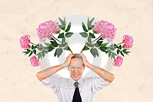 Composite photo collage of man hold head frown grimace forget women day flowers bouquet greeting gift isolated on