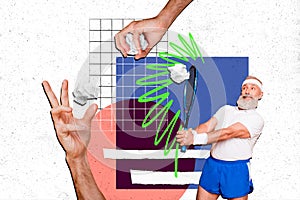 Composite photo collage of pensioner athele play tennis hold rocket push crumpled paper hand throw ball isolated on