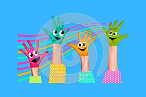 Composite photo collage of people hand palm paint colorful emoji eyes smile family school classroom children isolated on