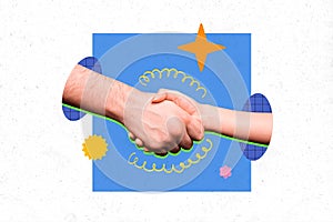 Composite photo collage of people hand shake greeting gesture agreement success deal love together sympathy isolated on