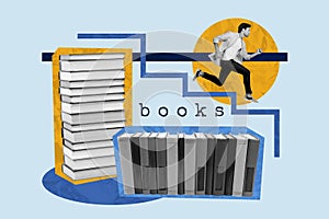 Composite photo collage of serious man run bookshop discount sale bookworm hobby library education student isolated on