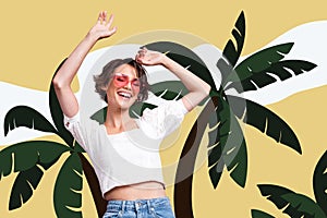 Composite photo collage of smile pretty girl dance wear heart sunglass palm tree resort exotic journey isolated on