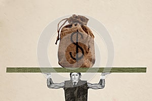 Composite photo collage of sportive businessman tear suit biceps hold big money dollar bag earn finance isolated on