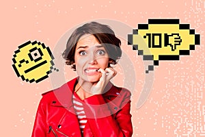 Composite photo collage of stressed panic girl bite finger unpopular dislike hate abuse unfollow smiley isolated on photo