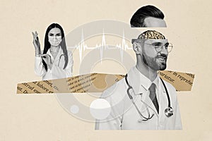 Composite photo collage of two doctors girl guy brain examine operation organ mind neurosurgeon illness isolated on photo