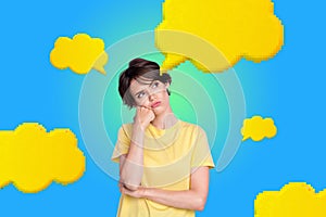 Composite photo collage of unhappy upset girl think mind bubble monologue communication text box isolated on painted photo