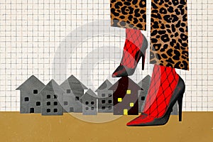 Composite photo collage of woman legs wear leopard trousers heels step house under shoe domination owner isolated on